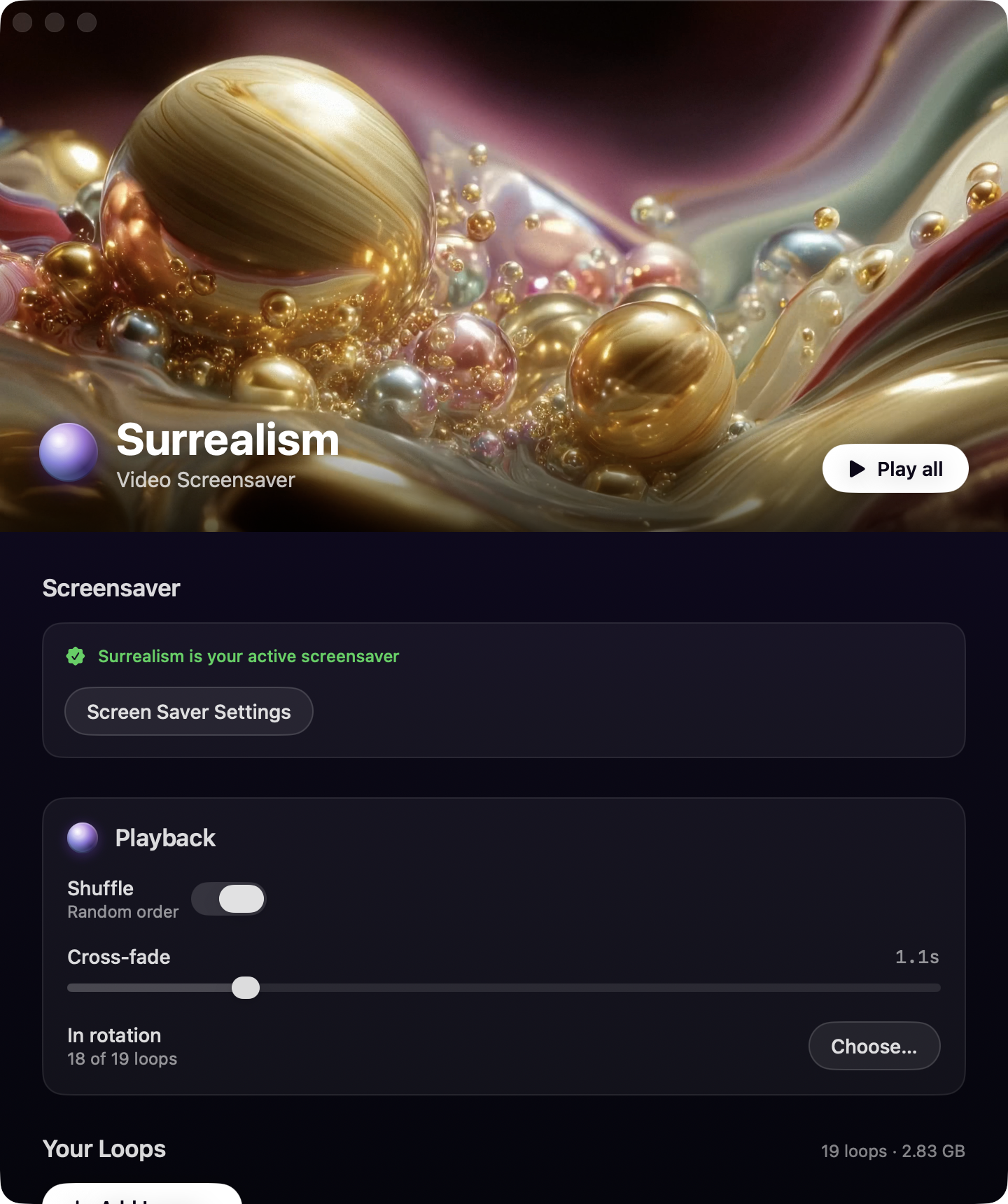 The Surrealism app on macOS — a full-bleed preview of a golden, iridescent loop above the Screensaver and Playback controls.
